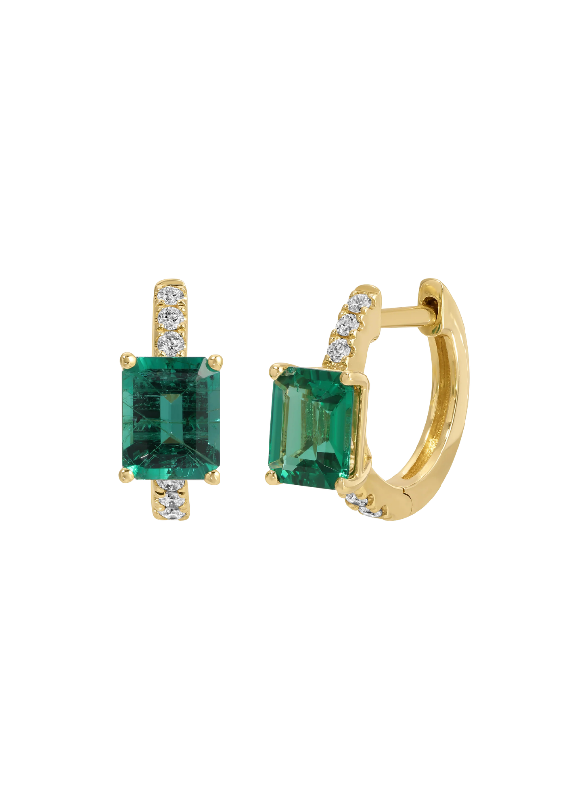 Diamond Huggie Earrings with Emerald-Cut Emerald Centre