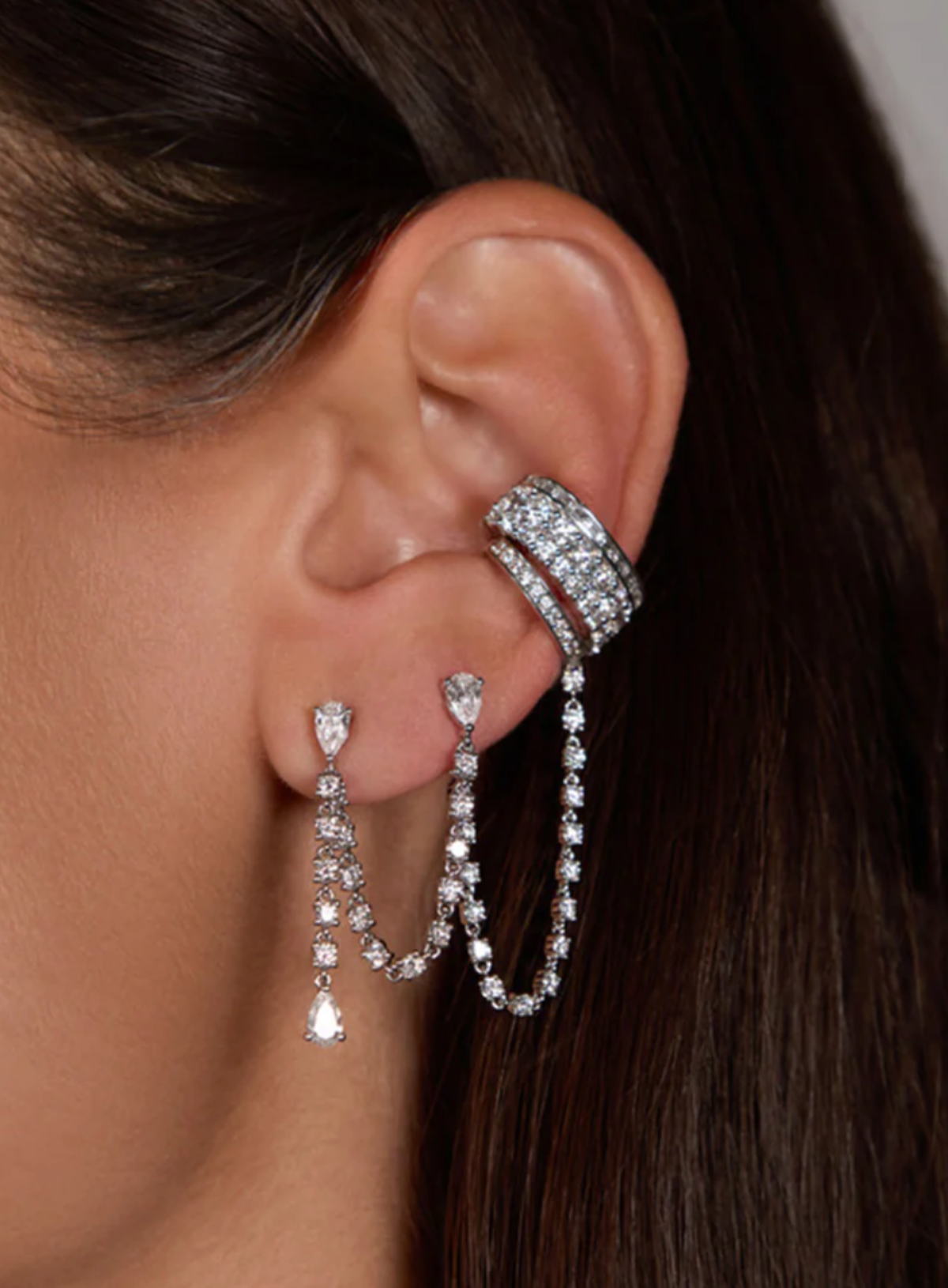 Isla Double Piercing Loop Earring With Diamond Chain Drop