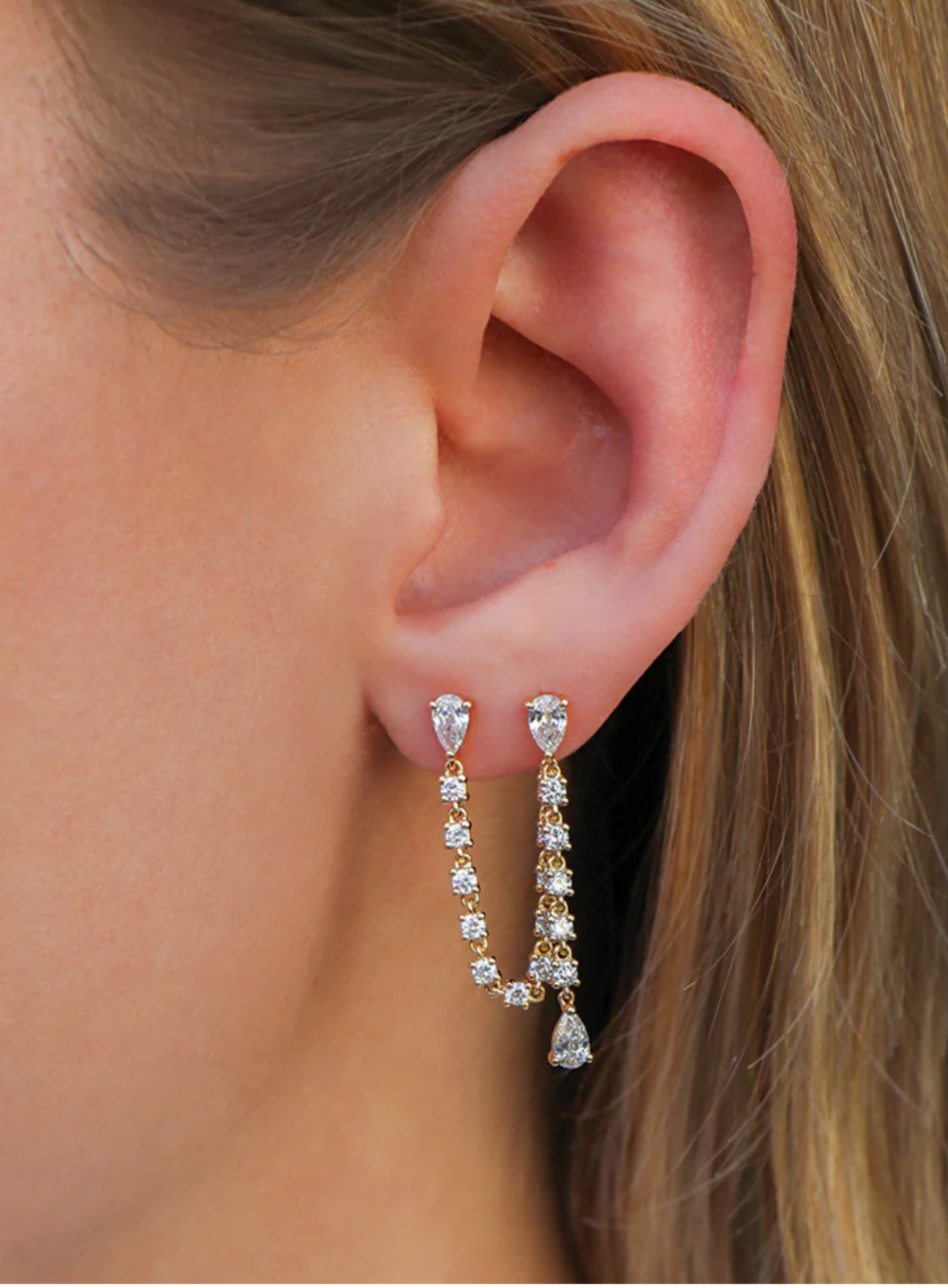 Isla Double Piercing Loop Earring With Diamond Chain Drop