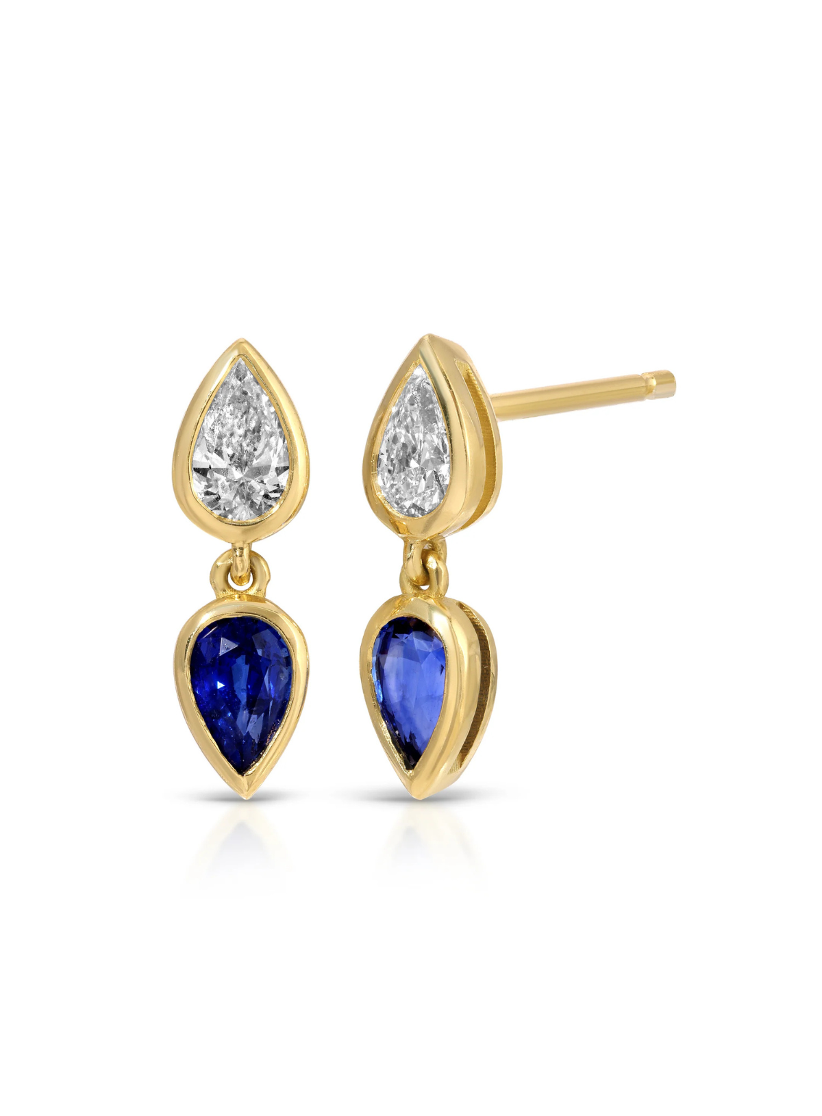 Bezeled Pear Diamond and Blue Sapphire Elodie Studs