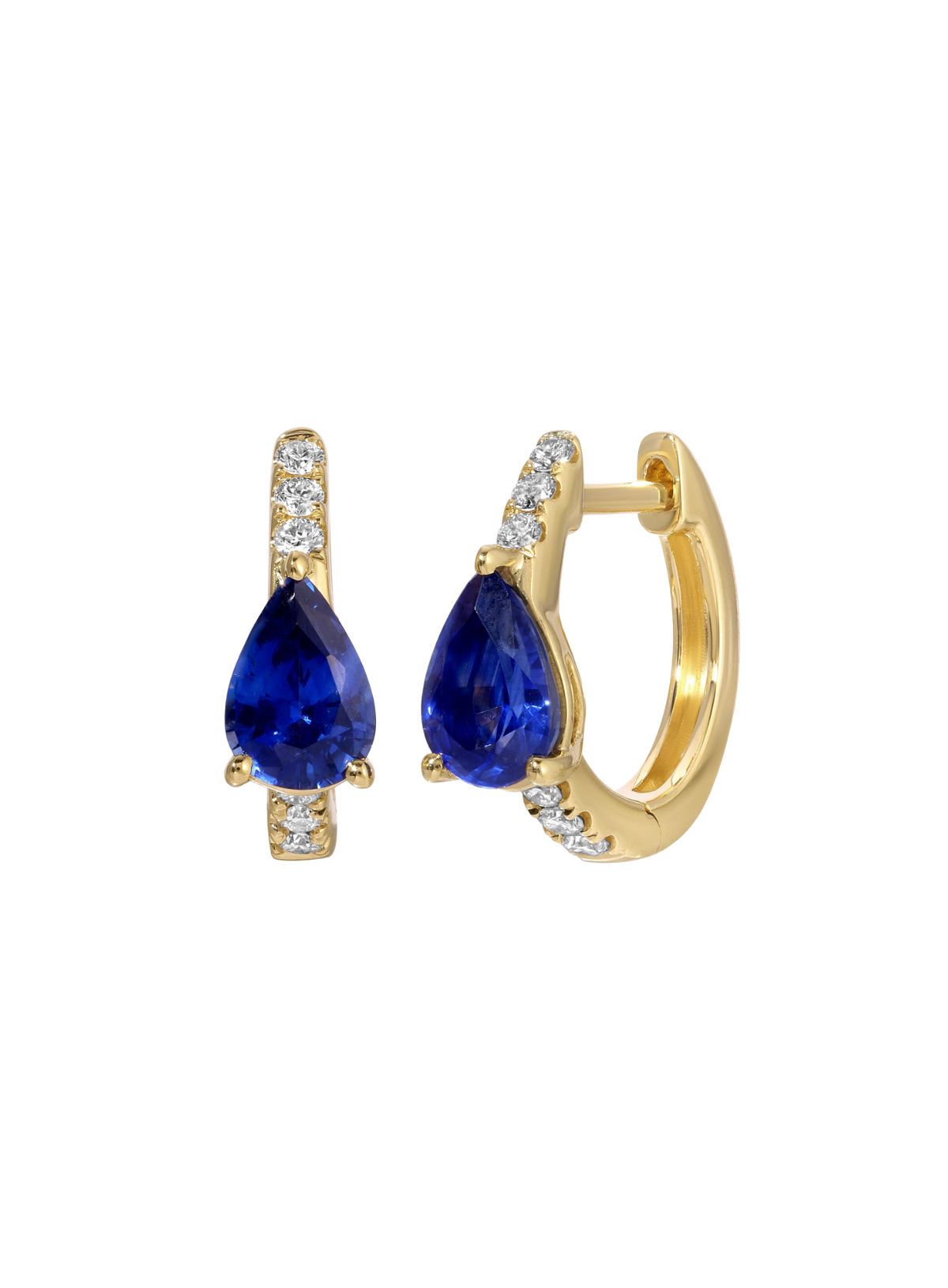 Diamond Huggie Earrings with Large Pear Blue Sapphire Centre