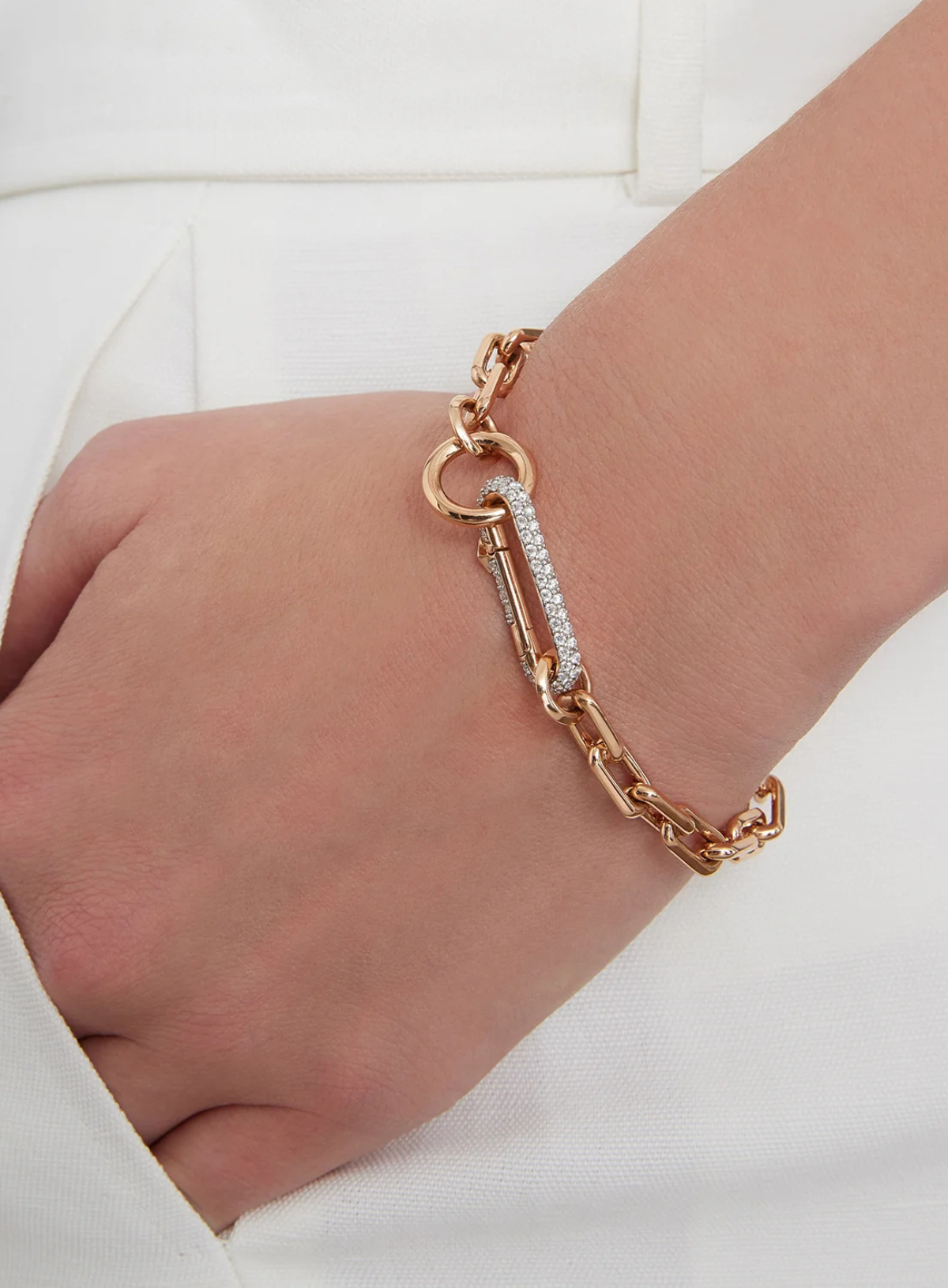 Saxon 18k Gold Chain Link Bracelet with Elongated Diamond Link Clasp